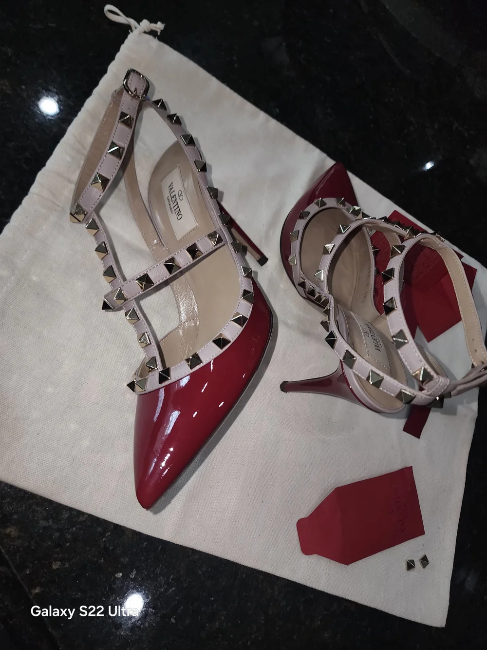 Valentino Garavani Red Patent Leather Rockstud T-Strap Pumps with Nude Straps